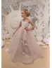 Beaded Blush Pink Lace Tulle Corset Back Flower Girl Dress